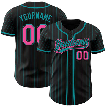 Custom Black Teal Pinstripe Pink Authentic Baseball Jersey