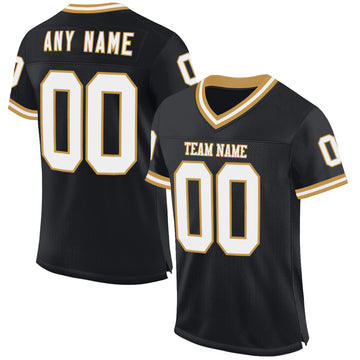 Custom Black White-Old Gold Mesh Authentic Throwback Football Jersey