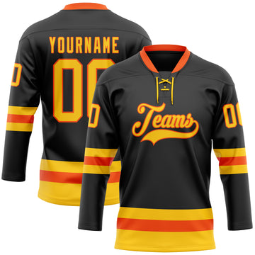 Custom Black Yellow-Orange Hockey Lace Neck Jersey