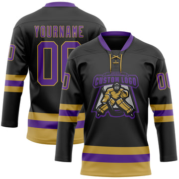 Custom Black Purple-Old Gold Hockey Lace Neck Jersey