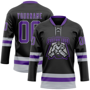 Custom Black Purple-Gray Hockey Lace Neck Jersey