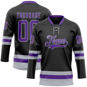 Custom Black Purple-Gray Hockey Lace Neck Jersey