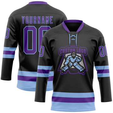 Custom Black Purple-Light Blue Hockey Lace Neck Jersey