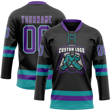 Custom Black Purple-Teal Hockey Lace Neck Jersey