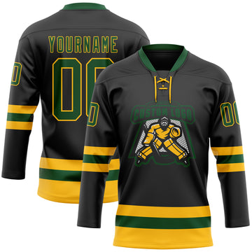 Custom Black Green-Gold Hockey Lace Neck Jersey