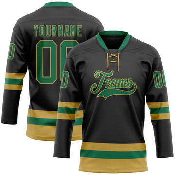 Custom Black Kelly Green-Old Gold Hockey Lace Neck Jersey