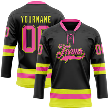 Custom Black Pink-Neon Yellow Hockey Lace Neck Jersey