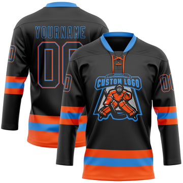 Custom Black Powder Blue-Orange Hockey Lace Neck Jersey