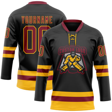 Custom Black Crimson-Gold Hockey Lace Neck Jersey