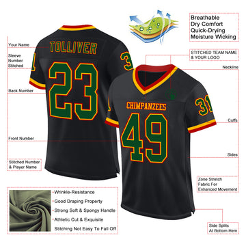 Custom Black Green Gold-Red Mesh Authentic Throwback Football Jersey