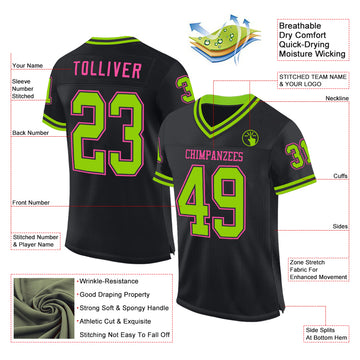 Custom Black Neon Green-Pink Mesh Authentic Throwback Football Jersey