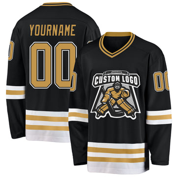 Custom Black Old Gold-White Hockey Jersey