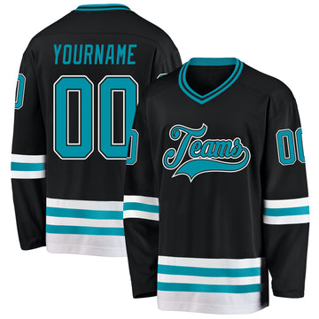 Custom Black Teal-White Hockey Jersey