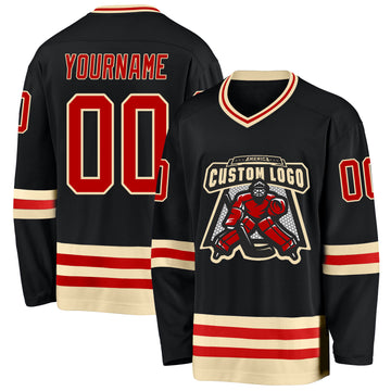 Custom Black Red-Cream Hockey Jersey