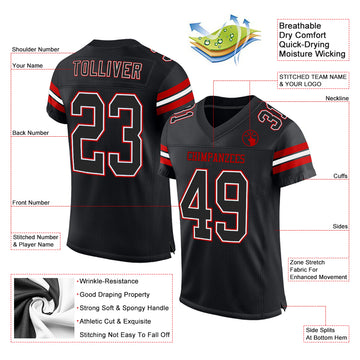 Custom Black White-Red Mesh Authentic Football Jersey