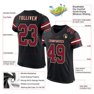 Custom Black Crimson-Cream Mesh Authentic Football Jersey