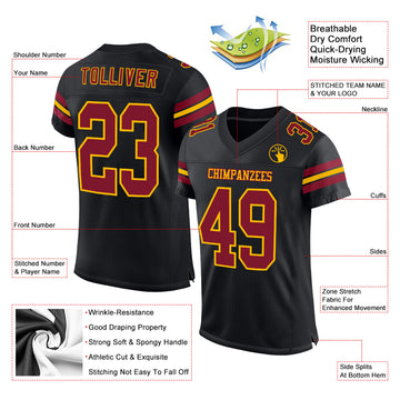 Custom Black Crimson-Gold Mesh Authentic Football Jersey