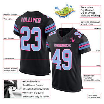 Custom Black Light Blue-Pink Mesh Authentic Football Jersey