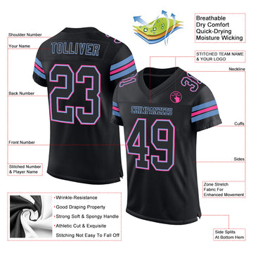 Custom Black Light Blue-Pink Mesh Authentic Football Jersey