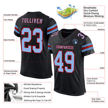 Custom Black Light Blue-Red Mesh Authentic Football Jersey