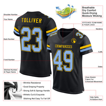 Custom Black Light Blue-Yellow Mesh Authentic Football Jersey