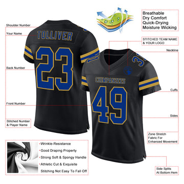 Custom Black Royal-Old Gold Mesh Authentic Football Jersey