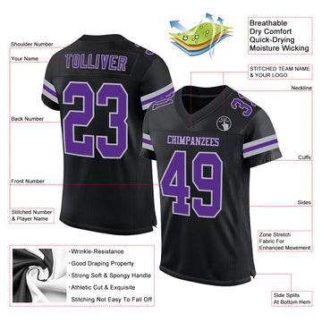 Custom Black Purple-Gray Mesh Authentic Football Jersey