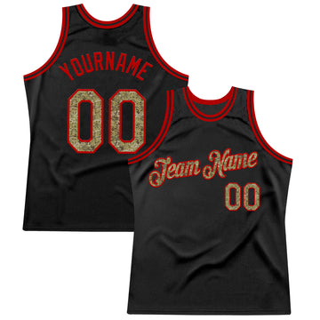 Custom Black Camo-Red Authentic Throwback Basketball Jersey