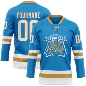 Custom Blue White-Old Gold Hockey Lace Neck Jersey