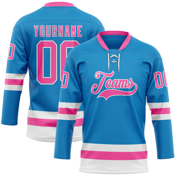 Custom Blue Pink-White Hockey Lace Neck Jersey