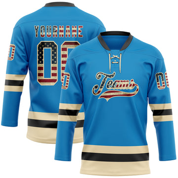 Custom Blue Vintage USA Flag Cream-Black Hockey Lace Neck Jersey