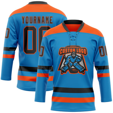 Custom Blue Black-Orange Hockey Lace Neck Jersey