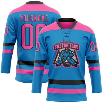 Custom Blue Pink-Black Hockey Lace Neck Jersey