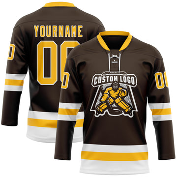 Custom Brown Gold-White Hockey Lace Neck Jersey