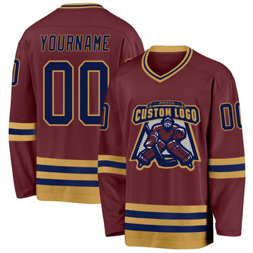 Custom Burgundy Navy-Old Gold Hockey Jersey