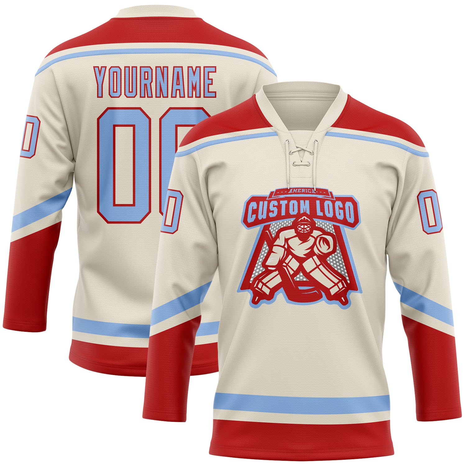 Custom Light Blue White-Red Hockey Jersey Discount