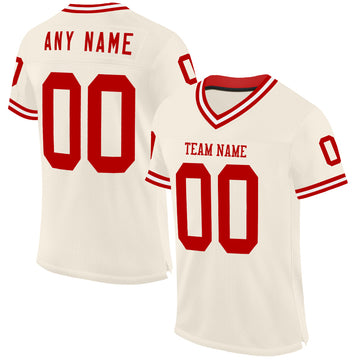 Custom Cream Red-White Mesh Authentic Throwback Football Jersey