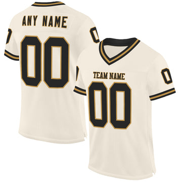 Custom Cream Black-Old Gold Mesh Authentic Throwback Football Jersey