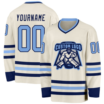 Custom Cream Light Blue-Navy Hockey Jersey