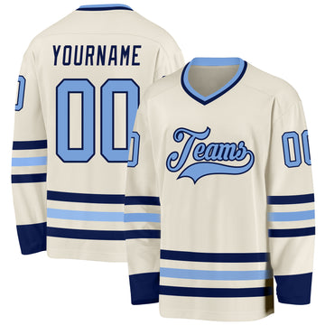 Custom Cream Light Blue-Navy Hockey Jersey