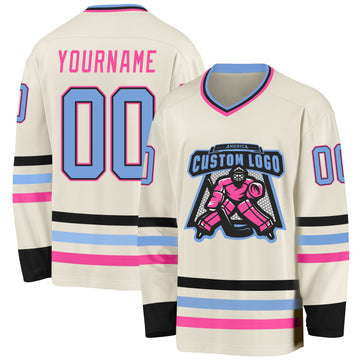 Custom Cream Light Blue Black-Pink Hockey Jersey