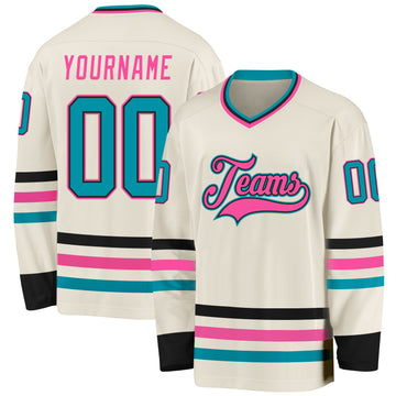 Custom Cream Teal Black-Pink Hockey Jersey