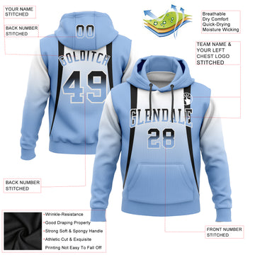 Custom Stitched White Black-Light Blue Fade Fashion Line Sports Pullover Sweatshirt Hoodie