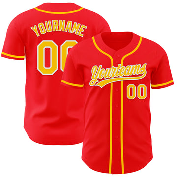 Custom Fire Red Yellow-White Authentic Baseball Jersey