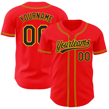 Custom Fire Red Black-Yellow Authentic Baseball Jersey