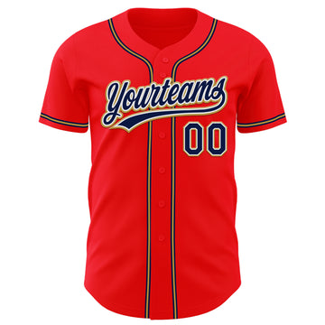 Custom Fire Red Navy-Old Gold Authentic Baseball Jersey