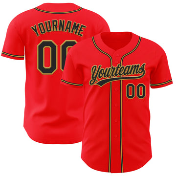 Custom Fire Red Black-Old Gold Authentic Baseball Jersey