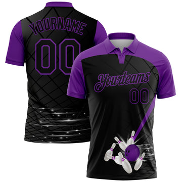 Custom Black Purple 3D Pattern Design Bowling Performance Polo Shirt