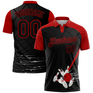 Custom Black Red 3D Pattern Design Bowling Performance Polo Shirt