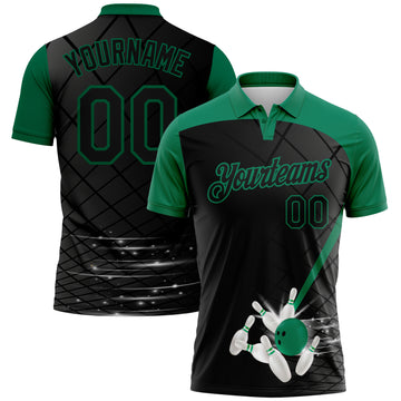 Custom Black Kelly Green 3D Pattern Design Bowling Performance Polo Shirt